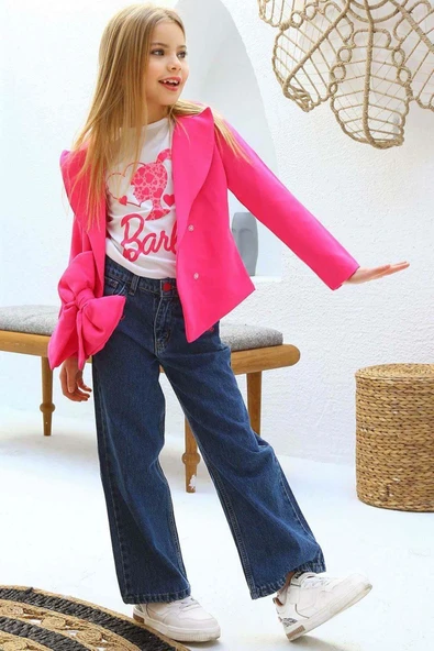 Kız Çocuk Digital ve Yazı Baskılı Tişört Önü Fiyonklu Blazer Ceket Pembe Alt Üst Takım - Resim 5