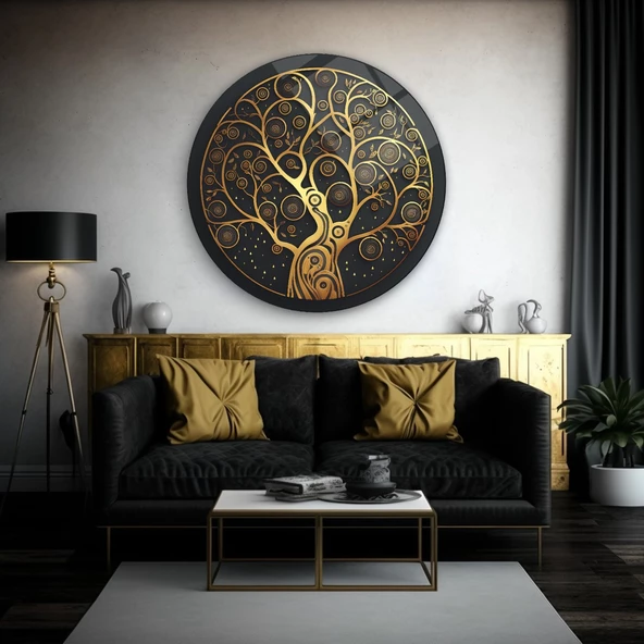 Gold Hayat Ağacı Yuvarlak Cam Tablo | Hediyelik, Dekoratif, Ofis, Mutfak - 3