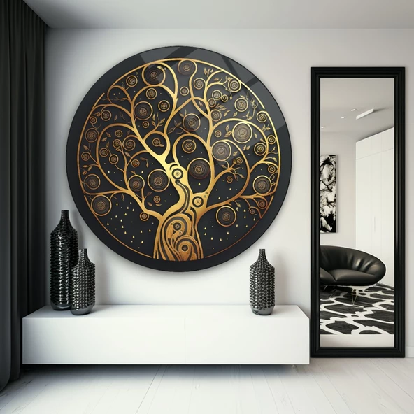 Gold Hayat Ağacı Yuvarlak Cam Tablo | Hediyelik, Dekoratif, Ofis, Mutfak - 4