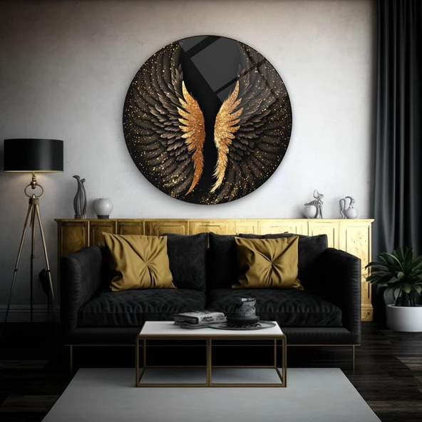 Gold Kanat Yuvarlak Cam Tablo | Hediyelik, Dekoratif, Ofis, Mutfak - 5