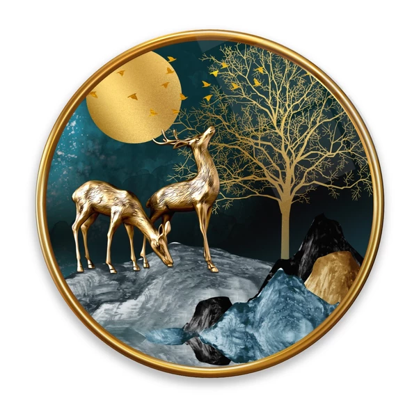 Gold Geyikler Yuvarlak Cam Tablo | Hediyelik, Dekoratif, Ofis, Mutfak