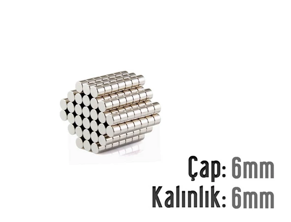 Neodyum Mıknatıs Silindir Çap 6mm , Kalınlık 6mm   ( 10 Adet) - 1