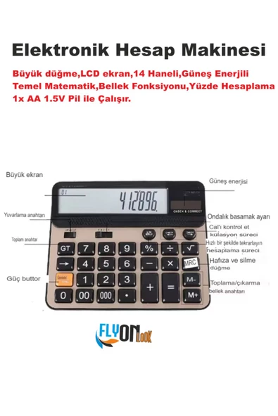 Büyük Düğme Elektronik Hesap Makinesi 14 Haneli  Temel Matematik  Bellek  Güneş Enerji  Yüzde Hesap - 3