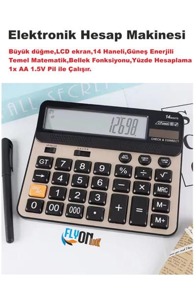 Büyük Düğme Elektronik Hesap Makinesi 14 Haneli  Temel Matematik  Bellek  Güneş Enerji  Yüzde Hesap - 2
