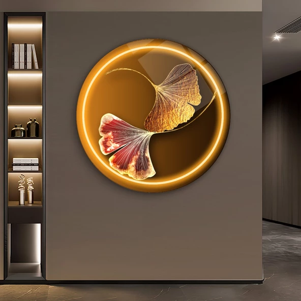 Gold Yaprak Yuvarlak Cam Tablo | Hediyelik, Dekoratif, Ofis, Mutfak - 5