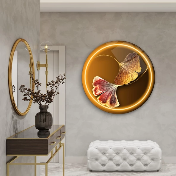 Gold Yaprak Yuvarlak Cam Tablo | Hediyelik, Dekoratif, Ofis, Mutfak - 7