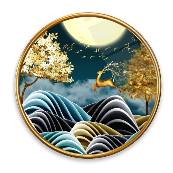 Gold Geyik Yuvarlak Cam Tablo | Hediyelik, Dekoratif, Ofis, Mutfak