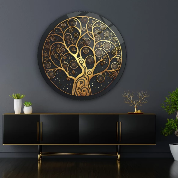 Gold Hayat Ağacı Yuvarlak Cam Tablo | Hediyelik, Dekoratif, Ofis, Mutfak - 6