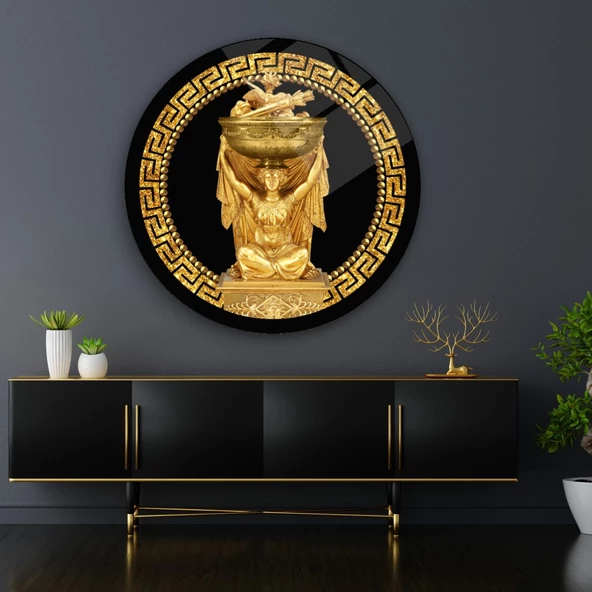 Antik Gold Yuvarlak Cam Tablo | Hediyelik, Dekoratif, Ofis, Mutfak - 6