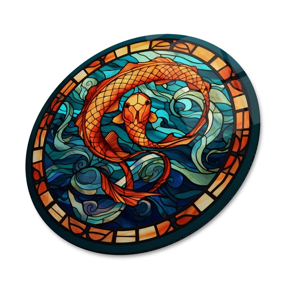 Vitray Desen Balık Yuvarlak Cam Tablo | Hediyelik, Dekoratif, Ofis, Mutfak - 5