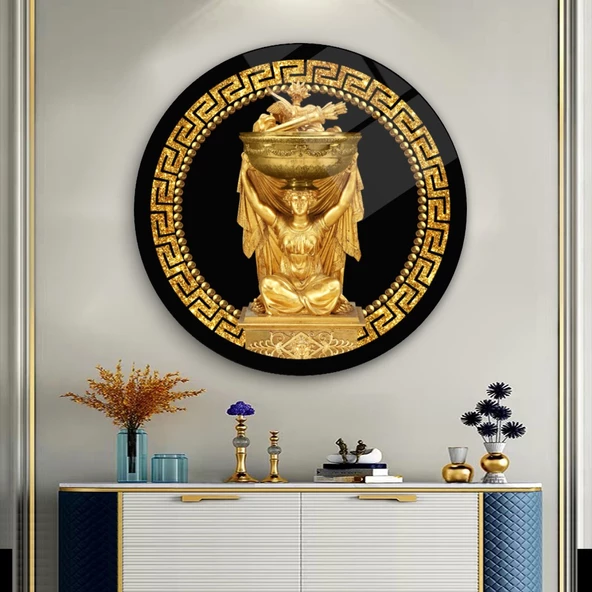Antik Gold Yuvarlak Cam Tablo | Hediyelik, Dekoratif, Ofis, Mutfak - 7