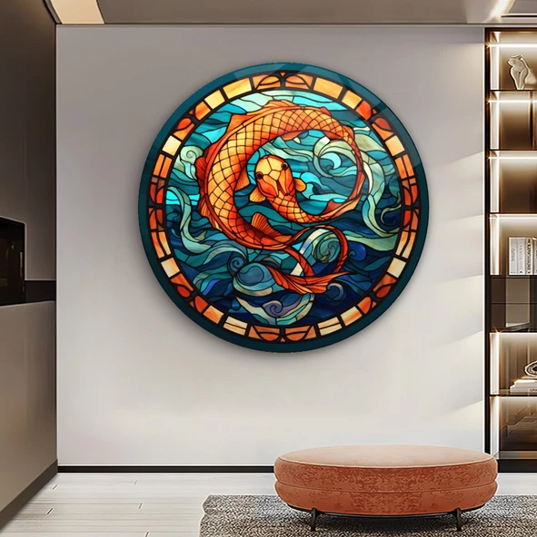 Vitray Desen Balık Yuvarlak Cam Tablo | Hediyelik, Dekoratif, Ofis, Mutfak - 6