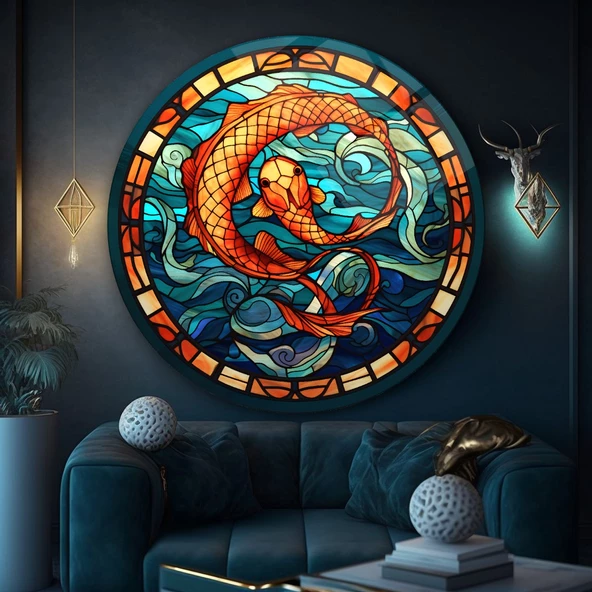 Vitray Desen Balık Yuvarlak Cam Tablo | Hediyelik, Dekoratif, Ofis, Mutfak - 7