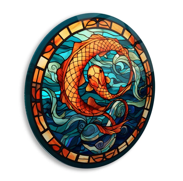 Vitray Desen Balık Yuvarlak Cam Tablo | Hediyelik, Dekoratif, Ofis, Mutfak - 2