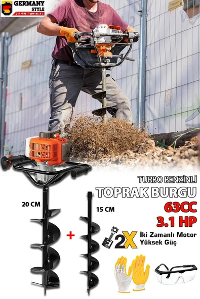 GERMANYSTYLE GRMPRO630 3.1 HP 63 cc Turbo Benzinli Toprak Burgu Makinesi Çift Uçlu 20 cm +15 cm - 2