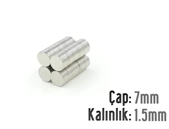 Neodyum Mıknatıs Silindir Çap 7mm , Kalınlık 1.5mm ( 20 Adet)
