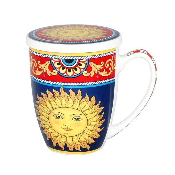 Lucky Art Desenli Bone China Porselen Kapaklı ve Süzgeçli Kupa 570 ml LYBA 034