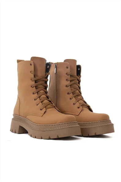 Tomsking Kadın Taba Mat Çizme Fermuarlı Bağcık Detaylı Şık Rahat Günlük Bot&bootie&postal