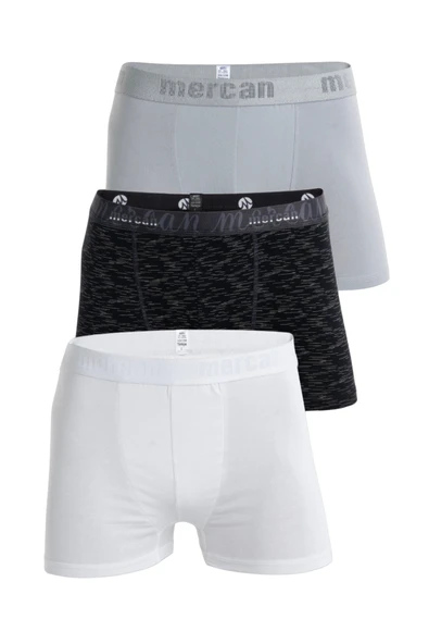 Mercan Erkek Çok Renkli 3'lü Likralı Pamuklu Boxer (BEYAZ GRİ UZAY)