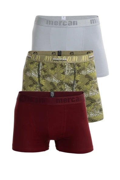 Mercan Erkek Çok Renkli 3'lü Likralı Pamuklu Boxer (BORDO GRİ TILSIM)