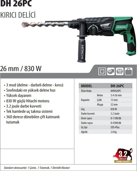 Hikoki DH26PC2 830 W Pnömatik Kırıcı-Delici - 6