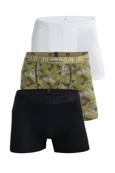 Mercan Erkek Çok Renkli 3'lü Likralı Pamuklu Boxer (BEYAZ SİYAH TILSIM)