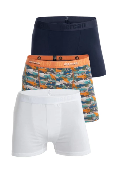 Mercan 3'lü Erkek Çok Renkli Pamuklu Likralı Boxer (BEYAZ LACİVERT SHARK)