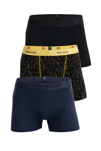 Mercan 3'lü Erkek Çok Renkli Pamuklu Likralı Boxer (SİYAH LACİVERT TETRİS)