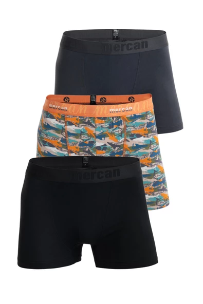 Mercan 3'lü Erkek Çok Renkli Pamuklu Likralı Boxer (SİYAH ANTRASİT SHARK)