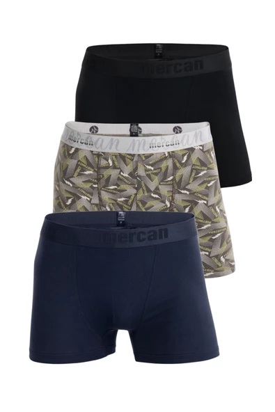 Mercan Erkek Çok Renkli 3'lü Likralı Pamuklu Boxer (SİYAH LACİVERT PERFECTION)