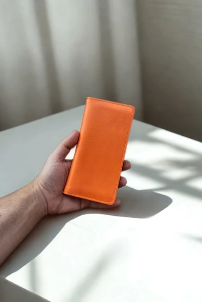 Vegan Deri Cüzdan 10 Kart Bölmeli Portföy Kartlık Uzun Unisex Turuncu - Resim 3