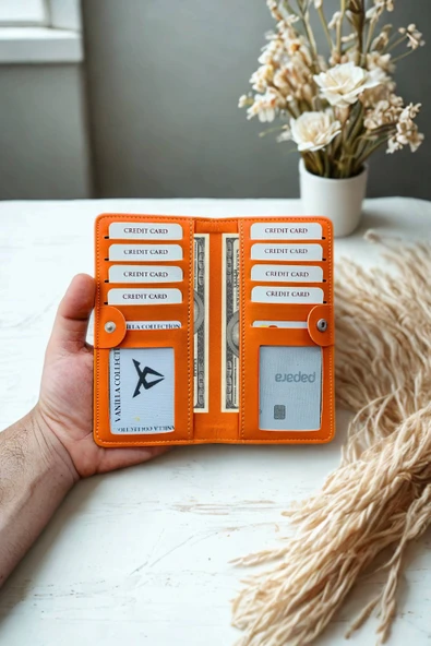 Vegan Deri Cüzdan 10 Kart Bölmeli Portföy Kartlık Uzun Unisex Turuncu - Resim 2