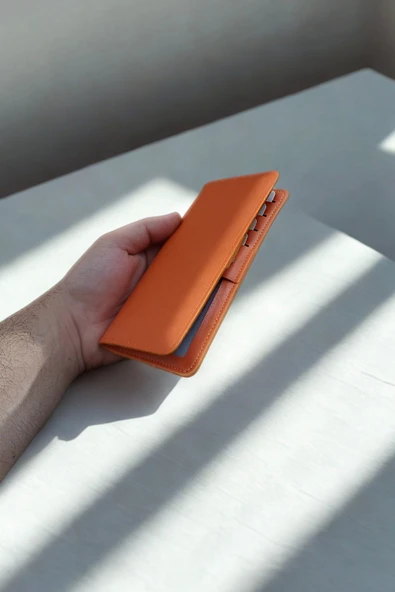 Vegan Deri Cüzdan 10 Kart Bölmeli Portföy Kartlık Uzun Unisex Turuncu - Resim 5