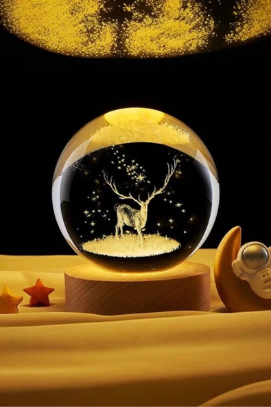 Renk Değiştiren Led Işıklı Cam Küre Ahşap Altlıklı Geyik Lamba Kristal 6*7