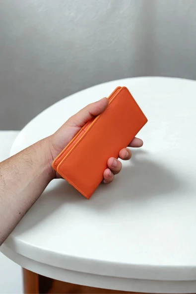 Vegan Deri Cüzdan 10 Kart Bölmeli Portföy Kartlık Uzun Unisex Turuncu ürün görseli