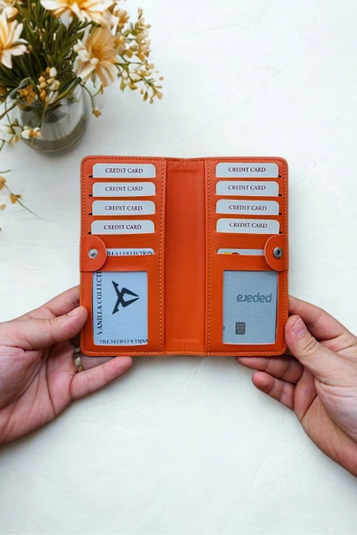 Vegan Deri Cüzdan 10 Kart Bölmeli Portföy Kartlık Uzun Unisex Turuncu - Resim 4