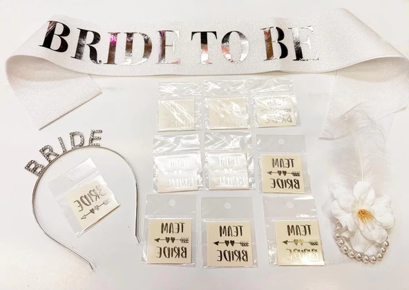 Nessiworld   Gümüş Renk Bride Partisi Taç Kuşak Dövme Bileklik Seti Full 13 Parça