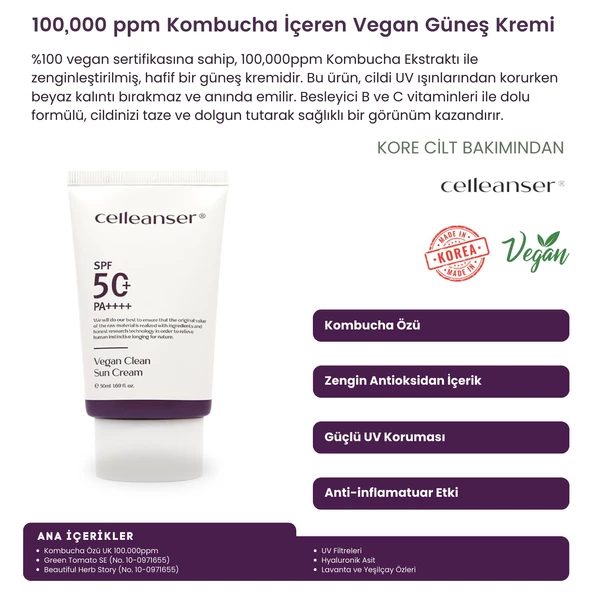 CELLEANSER Vegan Güneş Kremi - 100.000 Ppm Kombucha Içeren Nemlendirici Ve Antioksidan Güneş Kremi