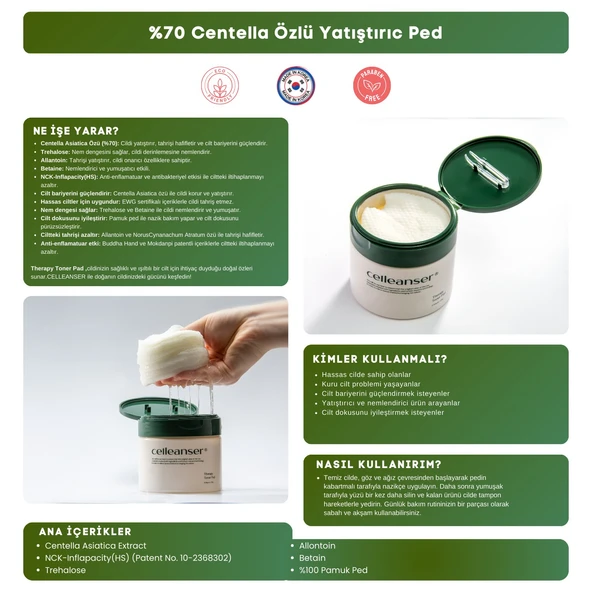 CELLEANSER Centella Asiatica Içeren %100 Pamuktan Yapılmış Nemlendirici Temizleme Pedi Therapy Toner Pad - 4