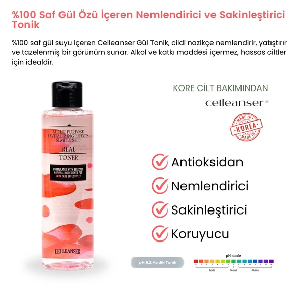 CELLEANSER 100% Saf Gül Özü Içeren Kuru Ciltler Için Nemlendirici, Canlandırıcı Ve Besleyici Yüz Tonik