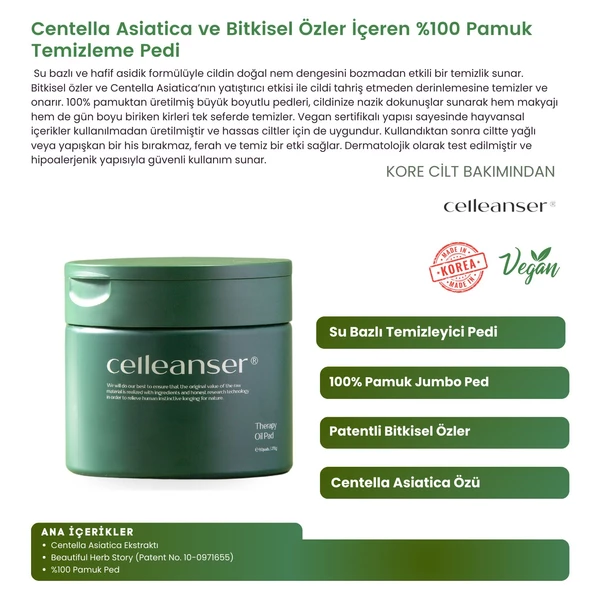 CELLEANSER Centella Asiatica içeren %100 Pamuktan yapılmış Nemlendirici Temizleme Pedi Therapy Oil Pad - 2