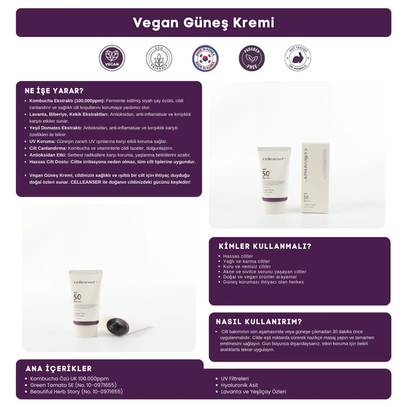 CELLEANSER Vegan Güneş Kremi - 100.000 Ppm Kombucha Içeren Nemlendirici Ve Antioksidan Güneş Kremi - 3