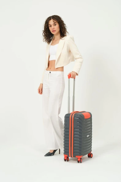 Keo-Plus Gri-Turuncu Kabin Boy Silikon Kırılmaz PP Valiz - Resim 7