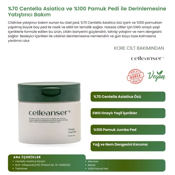 CELLEANSER Centella Asiatica Içeren %100 Pamuktan Yapılmış Nemlendirici Temizleme Pedi Therapy Toner Pad - 2