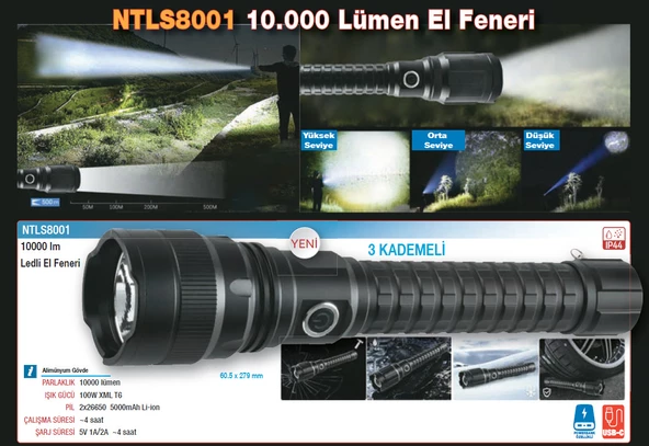 Nttools Ntlights 10000 Lümen Çok Parlak Zoom Özellikli Usb Şarjlı El Feneri NTLS8001 - 3