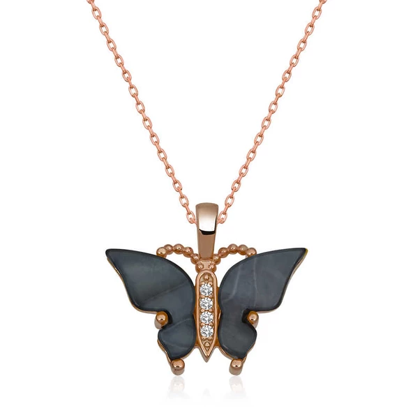 Gümüş Rose Antrasit Kaplangözü Taşlı Kelebek Kolye ürün görseli 1