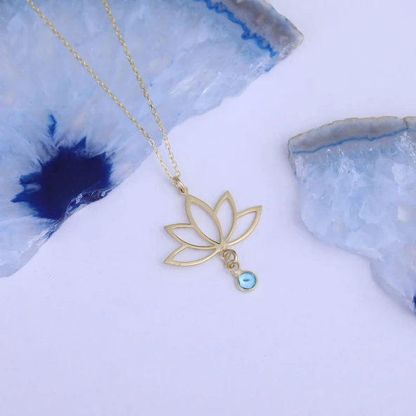 925 Ayar Gümüş Mavi Sallantılı Taşlı Lotus Kolye - Resim 3