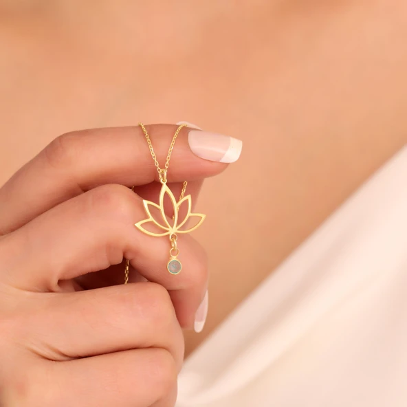 925 Ayar Gümüş Mavi Sallantılı Taşlı Lotus Kolye - Resim 2