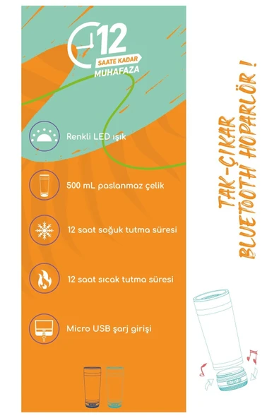 Vaeske Bluetooth Hoparlör 500 ml Çelik Termos - Resim 5