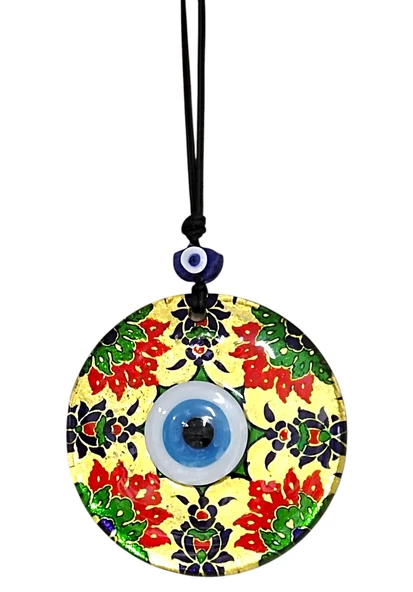 Kırmızı Çiçekli Nazar Boncuklu Altın Rengi Füzyon cam El İşçiliği 12x12 cm Duvar Süsü - 2